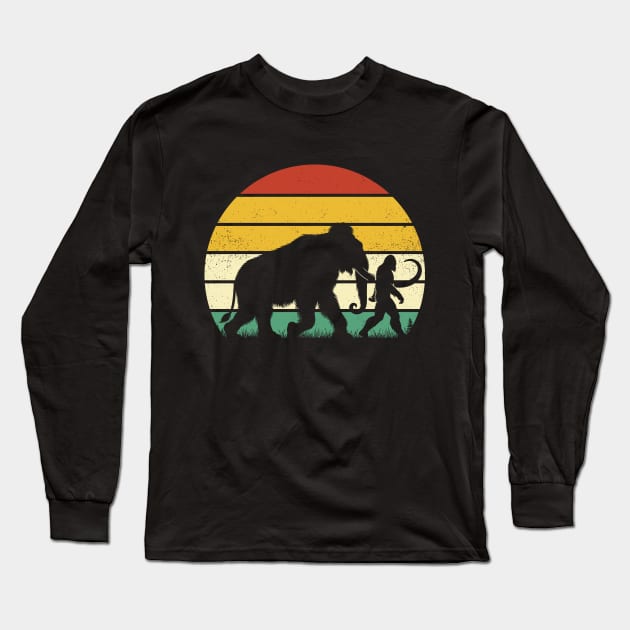 Bigfoot Walking With Mammoth Vintage Sunset Mythical Creatures Long Sleeve T-Shirt by Cuteness Klub